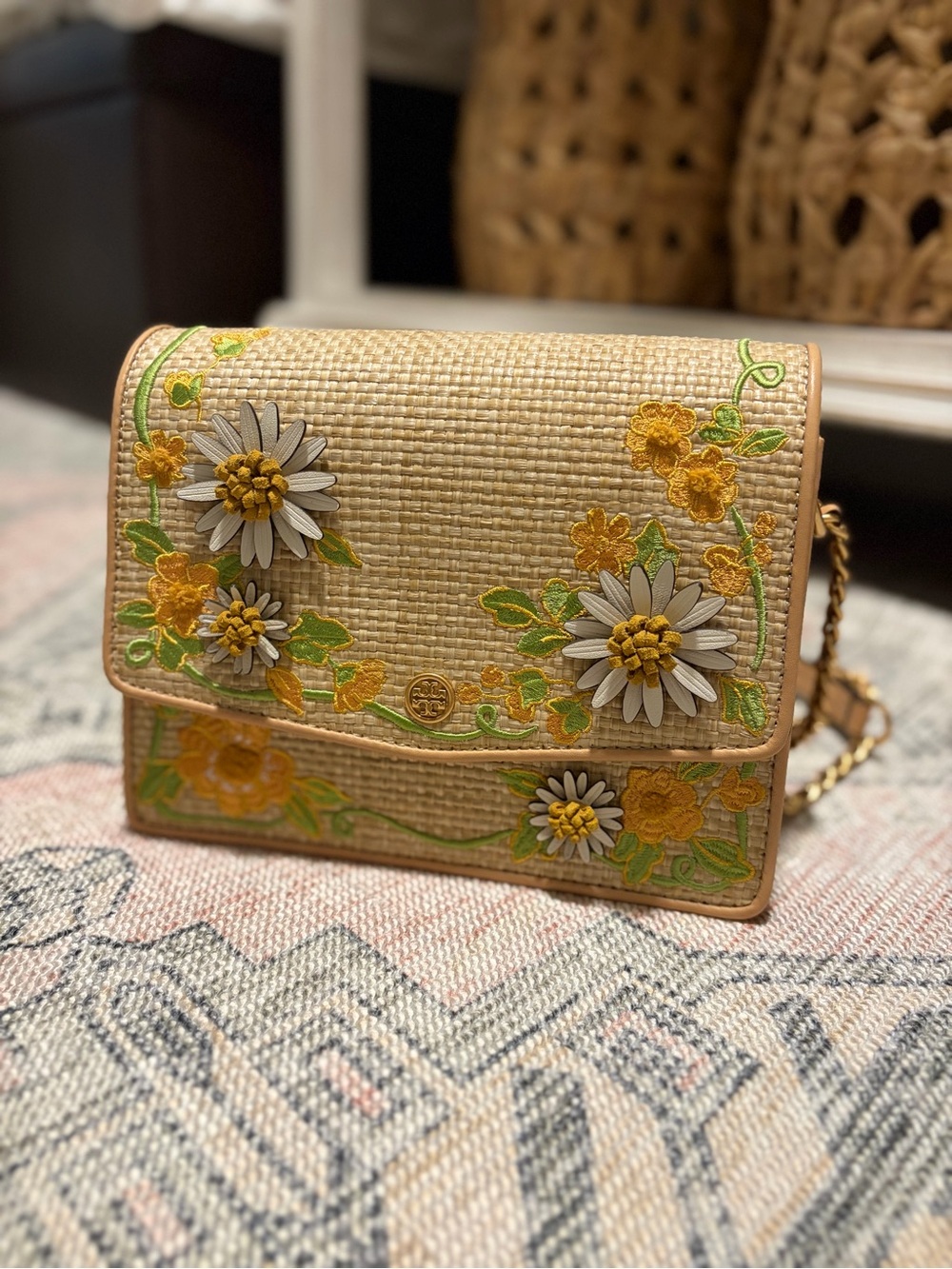Tory Burch Embroidered Yellow Floral Woven Crossbody Bag - Picture 5 of 13